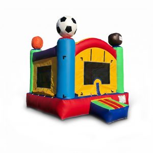 Bounce House Sport rental Escondido Kids playing in Bounce House Sport rental Escondido | Monarca Party Rental staff setting up a clean Bounce House Sport | Vibrant Bounce House Sport with a sports theme at a backyard party